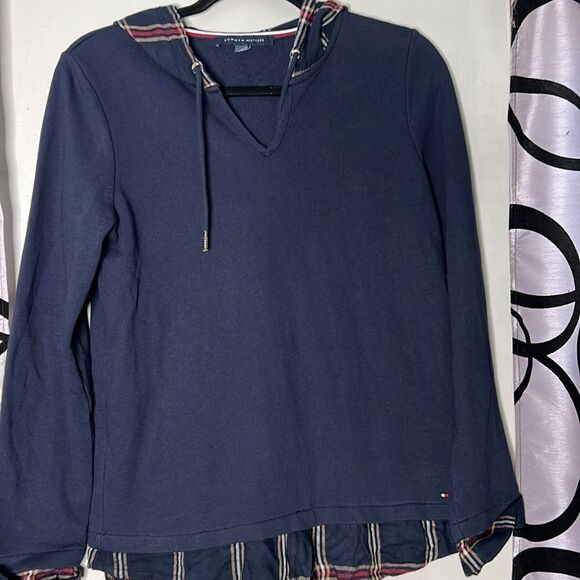 Tommy Hilfiger Womens Layered Plaid Comfy Hoodie Navy Blue Size Small - Picture 5 of 11